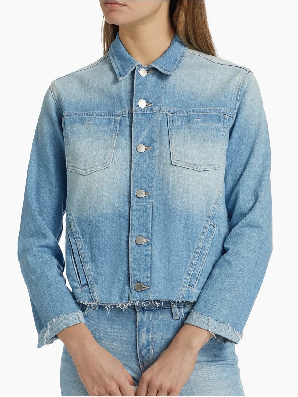 L’AGENCE Janelle slim fit raw edge denim jean jacket in Mojave blue medium
